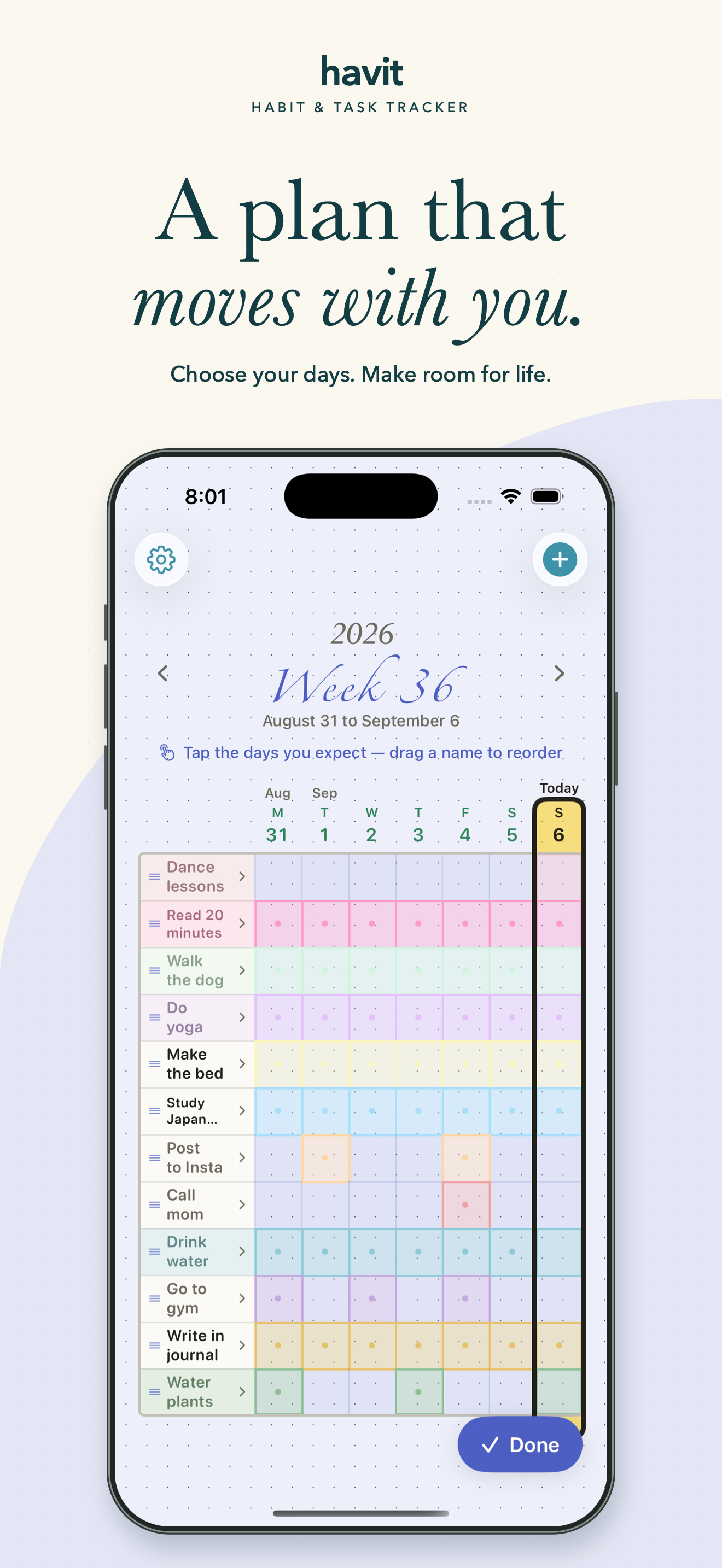 Plan tasks across the week in Havit